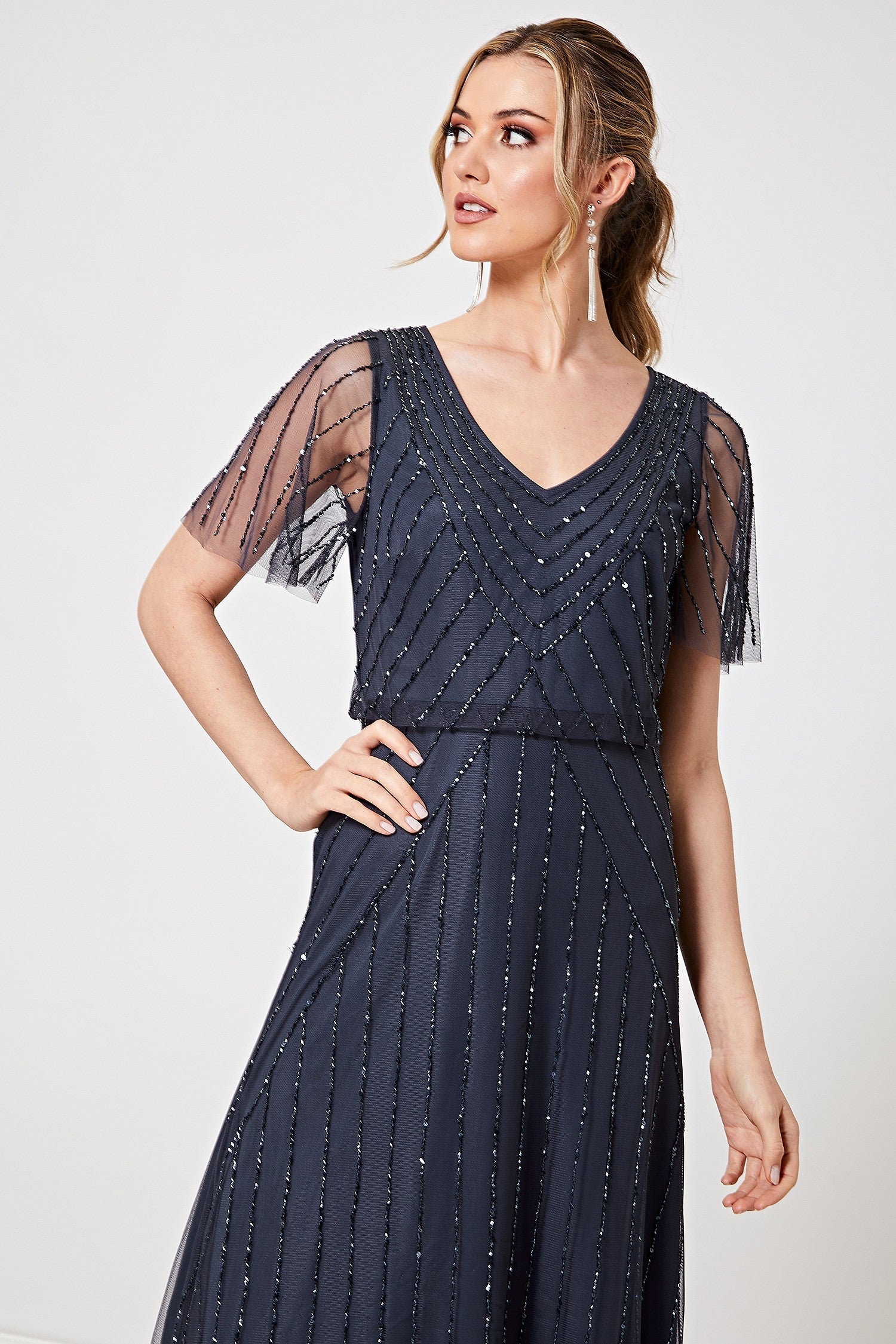 Natalia Navy Embellished Sequin Midi ...